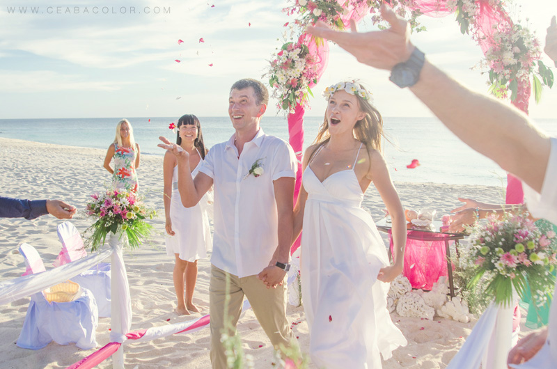 intimate boracay beach wedding pink tropical flower crown russian