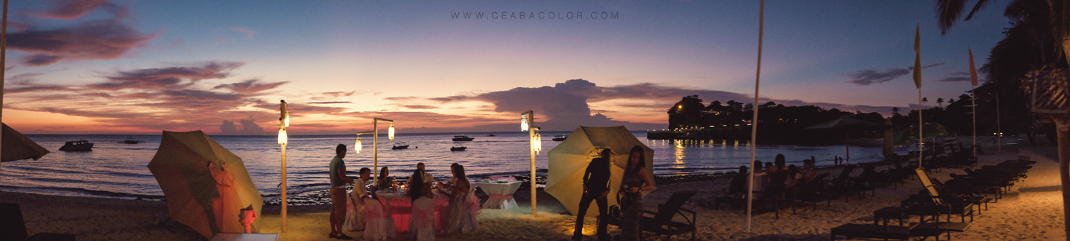intimate boracay beach wedding russian sunset sky dinner reception panorama